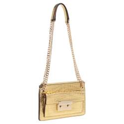 Pre Owned MICHAEL Michael Kors Metallic Gold Croc Embossed Leather Sloan Shoulder Bag