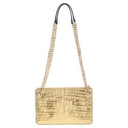 Pre Owned MICHAEL Michael Kors Metallic Gold Croc Embossed Leather Sloan Shoulder Bag