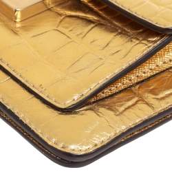 Pre Owned MICHAEL Michael Kors Metallic Gold Croc Embossed Leather Sloan Shoulder Bag