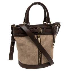 Pre Owned MICHAEL Michael Kors Brown/Beige Canvas and Leather Front Zip Detail Bucket Bag