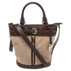 Pre Owned MICHAEL Michael Kors Brown/Beige Canvas and Leather Front Zip Detail Bucket Bag