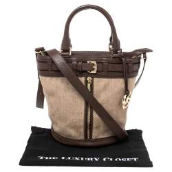 Pre Owned MICHAEL Michael Kors Brown/Beige Canvas and Leather Front Zip Detail Bucket Bag