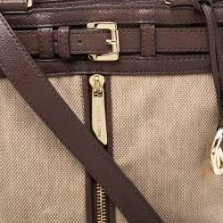 Pre Owned MICHAEL Michael Kors Brown/Beige Canvas and Leather Front Zip Detail Bucket Bag