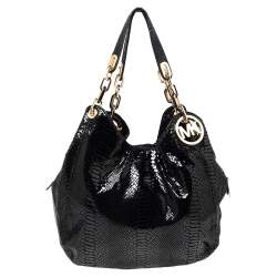 مملوكة مسبقًا MICHAEL Michael Kors Black Glossy Python Embossed Leather Fulton Shoulder Bag
