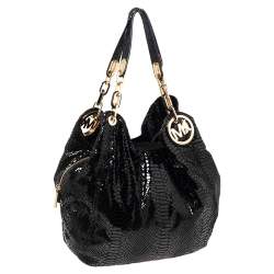 مملوكة مسبقًا MICHAEL Michael Kors Black Glossy Python Embossed Leather Fulton Shoulder Bag