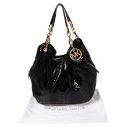 مملوكة مسبقًا MICHAEL Michael Kors Black Glossy Python Embossed Leather Fulton Shoulder Bag