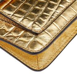 Pre Owned MICHAEL Michael Kors Metallic Gold Croc Embossed Leather Sloan Shoulder Bag