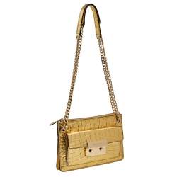 Pre Owned MICHAEL Michael Kors Metallic Gold Croc Embossed Leather Sloan Shoulder Bag