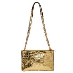 Pre Owned MICHAEL Michael Kors Metallic Gold Croc Embossed Leather Sloan Shoulder Bag