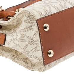 Pre Owned MICHAEL Michael Kors White/Brown Signature Coated Canvas and Leather Medium Hamilton East West Tote