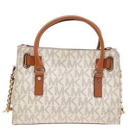 Pre Owned MICHAEL Michael Kors White/Brown Signature Coated Canvas and Leather Medium Hamilton East West Tote