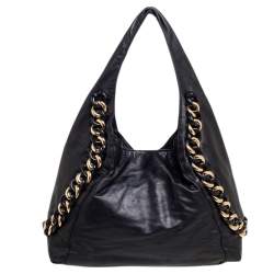 Pre Owned MICHAEL Michael Kors Black Leather ID Chain Hobo