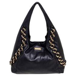 Pre Owned MICHAEL Michael Kors Black Leather ID Chain Hobo