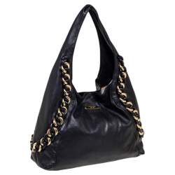Pre Owned MICHAEL Michael Kors Black Leather ID Chain Hobo