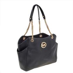 مملوكة مسبقًا MICHAEL Michael Kors Black Leather Jet Set Travel Chain Tote