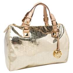 Pre Owned MICHAEL Michael Kors Gold Signature Laminated Leather Bedford Boston Bag