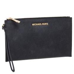Pre Owned MICHAEL Michael Kors Black Leather Jet Set Wristlet Pochette
