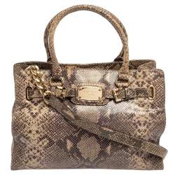 Pre Owned حقيبة يد توتس مايكل مايكل كورس إيست ويست هاميلتون جلد نقشة الثعبان بني/بيج