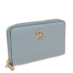 Pre Owned MICHAEL Michael Kors Light Blue Leather Fulton Zip Around Wallet