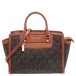 مملوكة مسبقًا حقيبة يد توتس مايكل مايكل كورس سيلما جلد وكانفاس مقوى بالشعار بني كبيرة