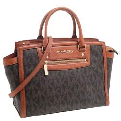 مملوكة مسبقًا حقيبة يد توتس مايكل مايكل كورس سيلما جلد وكانفاس مقوى بالشعار بني كبيرة