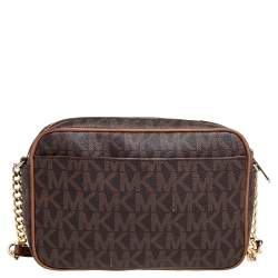 Pre Owned MICHAEL Michael Kors Brown Signature Coated Canvas Crossbody Bag
