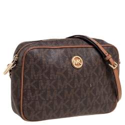 Pre Owned MICHAEL Michael Kors Brown Signature Coated Canvas Crossbody Bag