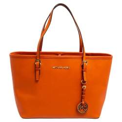 Pre Owned MICHAEL Michael Kors Orange Saffiano Leather Jet Set Travel Tote
