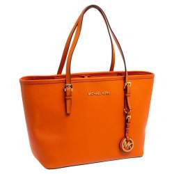 Pre Owned MICHAEL Michael Kors Orange Saffiano Leather Jet Set Travel Tote