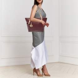 Pre Owned MICHAEL Michael Kors Burgundy/Beige Leather Jet Set Top Zip Tote
