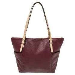 Pre Owned MICHAEL Michael Kors Burgundy/Beige Leather Jet Set Top Zip Tote
