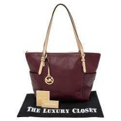 Pre Owned MICHAEL Michael Kors Burgundy/Beige Leather Jet Set Top Zip Tote