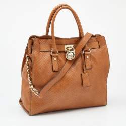 Pre Owned MICHAEL Michael Kors Tan Python Embossed Leather Large Hamilton North South Tote