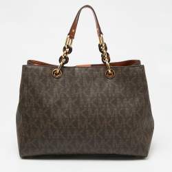 Pre Owned MICHAEL Michael Kors Dark Brown Signature Coated Canvas Large Cynthia Tote