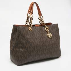 Pre Owned MICHAEL Michael Kors Dark Brown Signature Coated Canvas Large Cynthia Tote