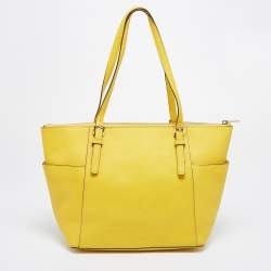 Pre Owned MICHAEL Michael Kors Yellow Leather Medium Jet Set Top Zip Tote