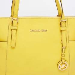 Pre Owned MICHAEL Michael Kors Yellow Leather Medium Jet Set Top Zip Tote