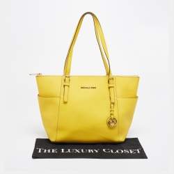 Pre Owned MICHAEL Michael Kors Yellow Leather Medium Jet Set Top Zip Tote