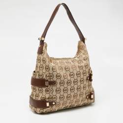 مملوكة مسبقًا حقيبة هوبو مايكل مايكل كورس جلد وكانفاس بالشعار بني/بيج