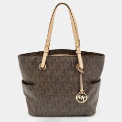 Pre Owned MICHAEL Michael Kors Brown/Beige Signature Coated Canvas And Leather Jet Set Tote
