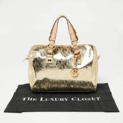 Pre Owned MICHAEL Michael Kors Metallic Gold Mirror Signature Leather Medium Grayson Satchel