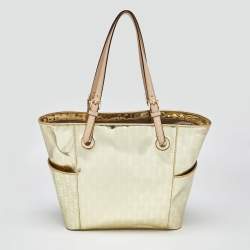 Pre Owned MICHAEL Michael Kors Metallic Gold Mirror Signature PVC and Leather East-West Tote