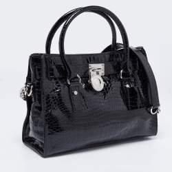 Pre Owned MICHAEL Michael Kors Black Croc Embossed Patent Leather Hamilton Tote