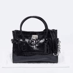 Pre Owned MICHAEL Michael Kors Black Croc Embossed Patent Leather Hamilton Tote
