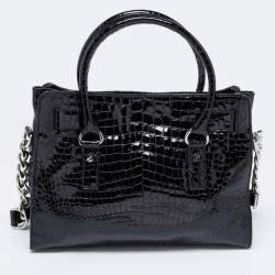 Pre Owned MICHAEL Michael Kors Black Croc Embossed Patent Leather Hamilton Tote