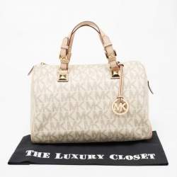 Pre Owned MICHAEL Michael Kors Beige/Ivory Signature Coated Canvas and Leather Grayson Boston Bag