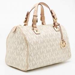 Pre Owned MICHAEL Michael Kors Beige/Ivory Signature Coated Canvas and Leather Grayson Boston Bag