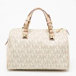 Pre Owned MICHAEL Michael Kors Beige/Ivory Signature Coated Canvas and Leather Grayson Boston Bag