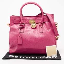 Pre Owned MICHAEL Michael Kors Pink Ostrich Embossed Leather Large Hamilton North South Tote