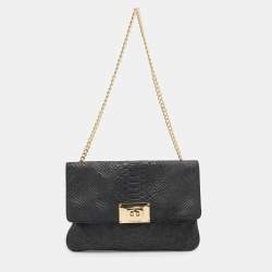 Pre Owned MICHAEL Michael Kors Black Python Embossed Leather Turnlock Shoulder Bag